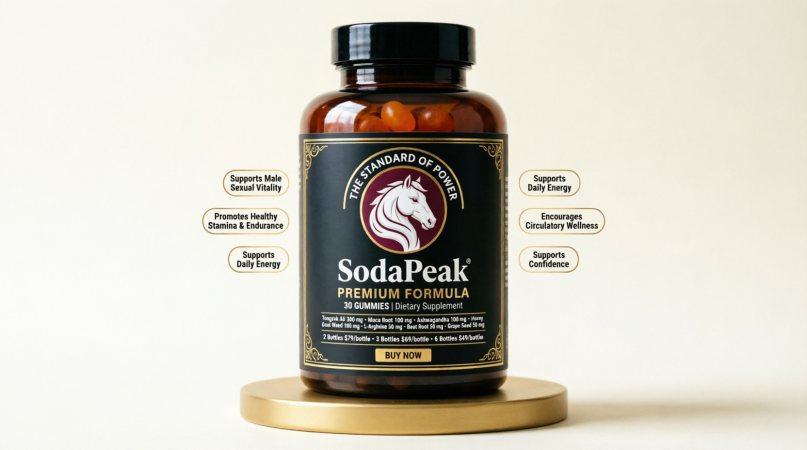 premium men's vitality gummy supplement bottle on gold display stand