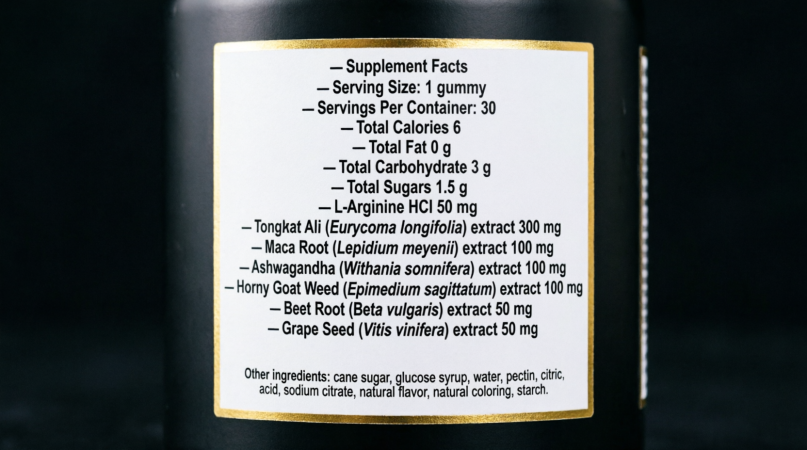 supplement facts panel listing seven botanical extracts with milligram doses
